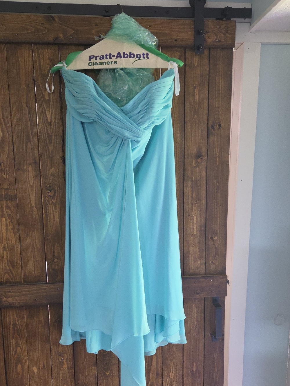 David's Bridal Aqua High-Low Chiffon Off-Shoulder Dress